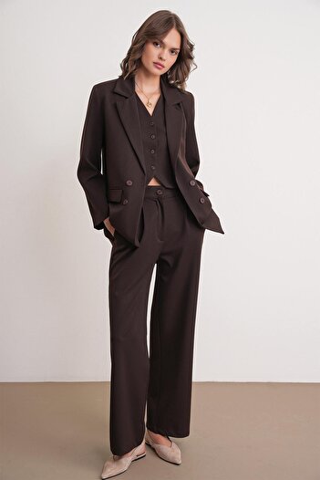 Mixray 4744 Women's Buttoned Palazzo Pants Brown