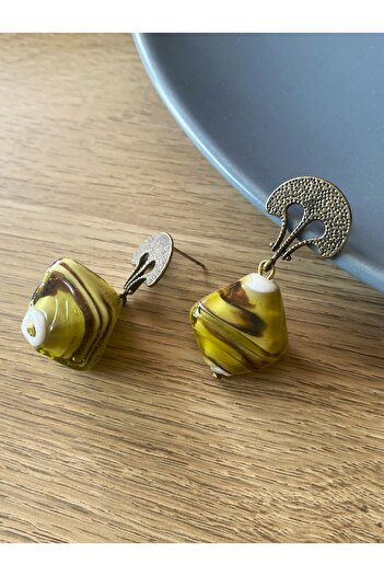dela otantik Handmade Yellow Brown Big Dangle Earrings - Authentic Vintage Bohemian Bijouterie Jewelry