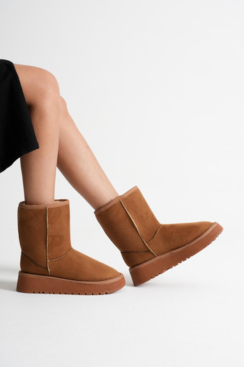 BOUIS Women's Tan Daily Inner Fur Suede Thick Sole Boots Comfortable Winter Warm Long Model Shoes Bootie