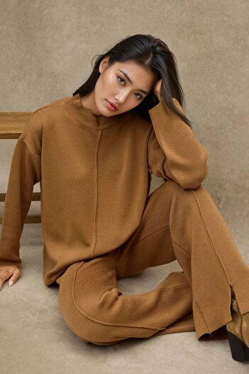 Hiccup Long Stand Collar Knitwear Sweater & Elastic Waist Trousers Modest Two-Piece Set