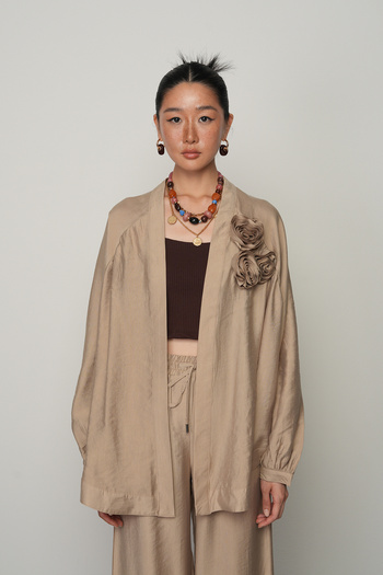 Orfeo Negro Women's Rose Detailed Solid Color Oversize Cut Kimono