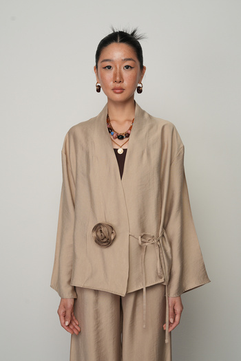 Orfeo Negro Women's Rose Detailed Side Tie Solid Color Kimono-Jacket
