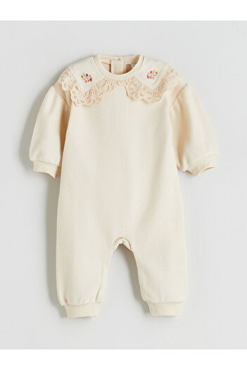 LC Waikiki Beige Crew Neck Floral Baby Girl Romper