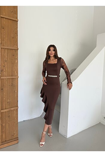 1Moda1Tarz Special Design Lined Midi Dress with Imported Fabric, Stone Belt and Lace Embroidered Scarf Detail