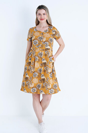 İntensive Women's Buttoned Patterned Pocketed Short Sleeve Cotton Dress