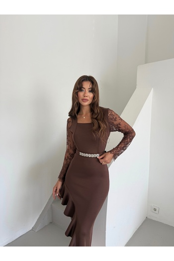 1Moda1Tarz Special Design Lined Midi Dress with Imported Fabric, Stone Belt and Lace Embroidered Scarf Detail