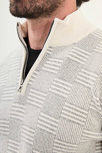 Mcr Patterned Slim Fit Zippered Half Turtleneck Chenille Fabric Men's Knitwear Sweater Ecru - 11553.25K