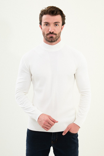 Mcr Striped Slim Fit Half Turtleneck Men's Knitwear Sweater Ecru - 11568.25K