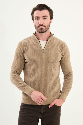 Mcr Striped Slim Fit Zippered Half Turtleneck Chenille Fabric Men's Knitwear Sweater Beige - 11549.25K