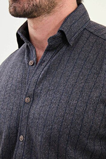 Mcr Striped Slim Fit Long Sleeve Lumberjack Wool Men's Shirt Navy Blue-Camel - 27099.25K
