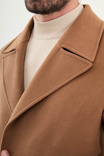 Mcr Straight Slim Fit Bag Pocket Wide Collar Double Breasted Long Cashmere Men's Coat Camel - 21322.25K