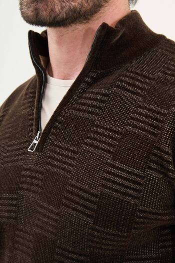 Mcr Patterned Slim Fit Zippered Half Turtleneck Chenille Fabric Men's Knitwear Sweater Brown - 11553.25K