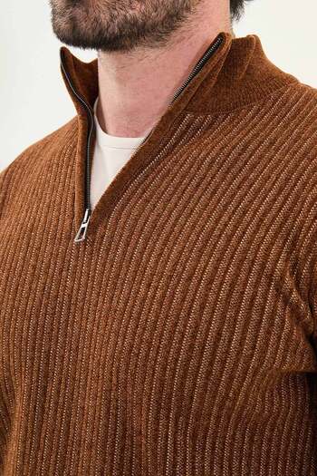Mcr Striped Slim Fit Zippered Half Turtleneck Chenille Fabric Men's Knitwear Sweater Camel - 11549.25K