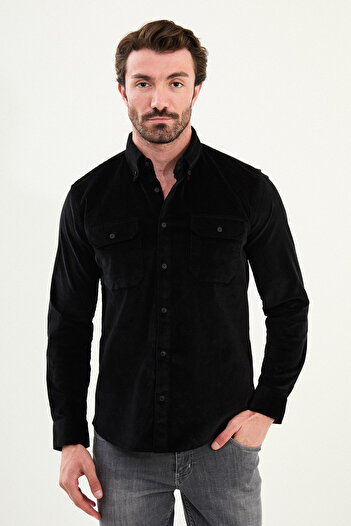 Mcr Plain Slim Fit Long Sleeve Velvet Men's Shirt Black - 27105.25K