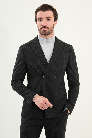Mcr Striped Slim Fit Wide Collar Double Breasted Men's Suit Black - 45409.25K