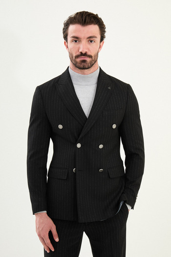 Mcr Striped Slim Fit Wide Collar Double Breasted Metal Button Men's Suit Black - 45408.25K