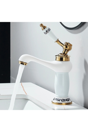 BisDesign Baterie monocomandă pentru chiuvetă/cadă de baie, finisaj alb/auriu antic, inele ceramice, dimensiune 20 cm