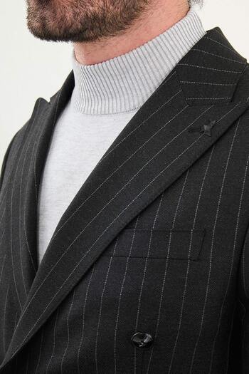 Mcr Striped Slim Fit Wide Collar Double Breasted Men's Suit Black - 45409.25K