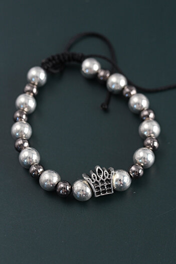 Skygo Natural Stone King Crown Model Silver and Smoked Color Men's Bracelet with Elevator - Tj-Eb3757