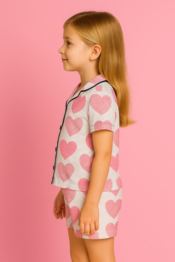 Fox Moda Heart Printed Short Sleeve Pajama Set for Girls with Shorts