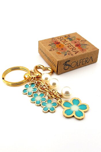 Solfera Blue Flowers Spring Bag Ornament Charm Yellow Metal Keychain Ky030
