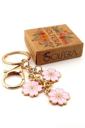 Solfera Pink Flowers Spring Bag Ornament Charm Yellow Metal Keychain Ky029