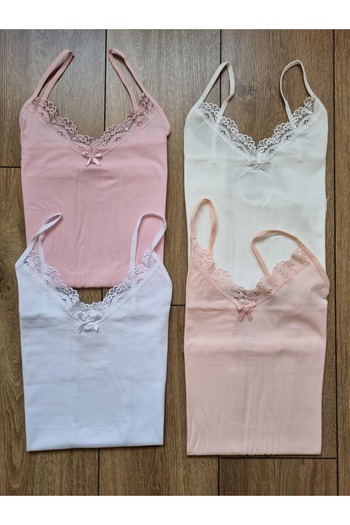 Demirsa Boutique Cotton Lace Strap Tank Top, Pink, Ecru, Light Salmon, White Color, Pack of 4 Women's Tank Tops