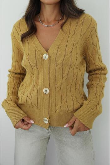 Havoş Mustard v-neck buttoned cardigan