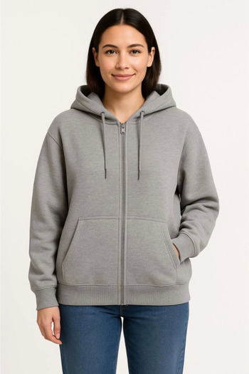 Edolika Three Thread Hooded Full Zipper Kangaroo Pocket Sweatshirt Hoodie - Gray