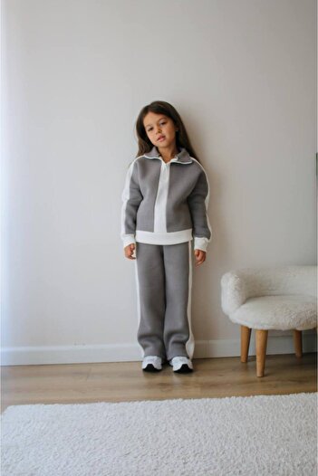 Lolliboomkids Girl's 3-Thread Ribbed White Striped Top and Bottom Set with Half Zipper Collar