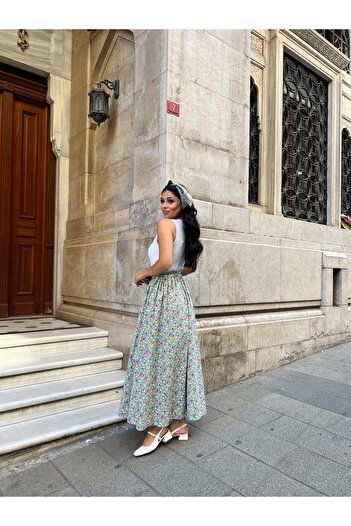 KÜÇÜĞÜM BUTİK Mint Green Floral Flared Poplin Skirt