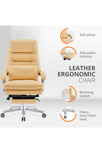 Skyland Ergonomic PU Leather Office Chair with Footrest, High Back with Lumbar Support (Beige)