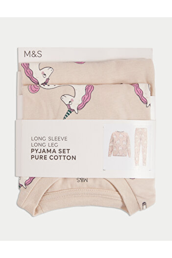 Marks & Spencer Saf Pamuklu Unicorn Desenli Pijama Takımı