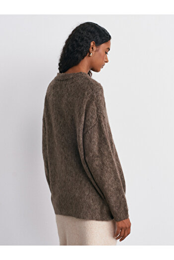 Dilvin 60264 V-Neck Ribbed Buttoned Knitwear Cardigan-Brown