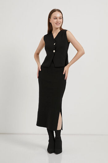 Arma Life Women's Buttoned Asymmetrical Tight Black Short Knit Vest