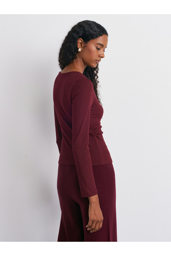 Dilvin 31548 Button Detailed Drawstring Top - Dark Burgundy