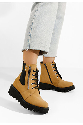 B T Shoes Γυναικεία δερμάτινα μποτάκια Welsa V2 ταμπά