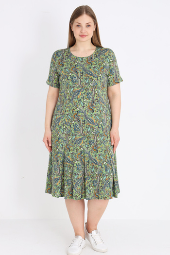 İntensive Plus Size Patterned Short Sleeve Crew Neck Cotton Dress