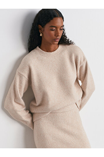 Dilvin 10640 Crew Neck Soft Textured Knitwear Sweater-A.Beige Mel.