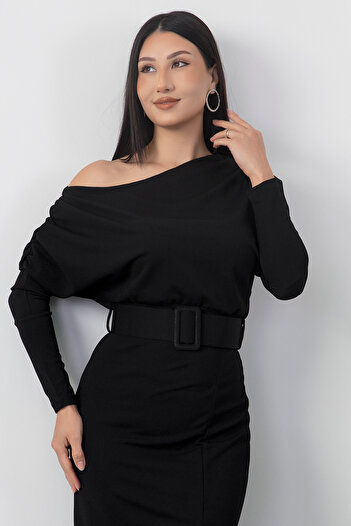 PULLIMM Crew Neck Bat Sleeve Belted Dress Ny4123