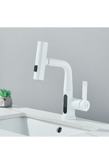 BisDesign Bathroom/Kitchen Sink Faucet, Dynamic Temperature Sensor, Pull-out Shower, 3 Functions, White, 30 cm