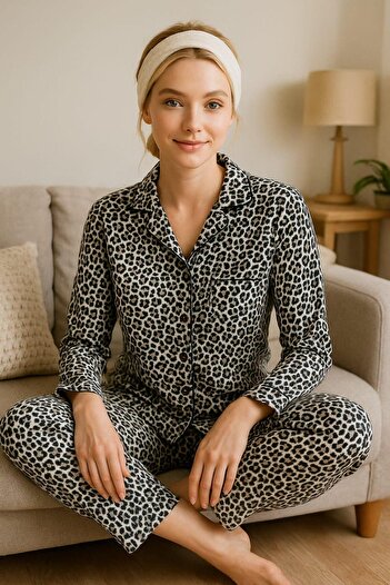 Pemilo Set de pijamale cu mânecă lungă din piele întoarsă cu nasturi 6451 pentru femei LEOPARD