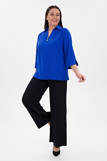 FUERTE XL Plus Size Chiffon Blouse with Pearl and Buckle Detail