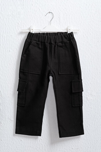 Montisu Children's Black Cargo Pants – 100% Cotton, Comfortable Elastic Waist, Boys & Girls Pants with Pockets