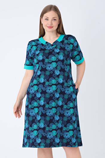 İntensive Plus Size Navy Blue Patterned Cotton Plus Size Dress with Pockets and Piping Detail V-Neck Short Sleeve