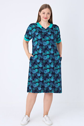 İntensive Plus Size Navy Blue Patterned Cotton Plus Size Dress with Pockets and Piping Detail V-Neck Short Sleeve