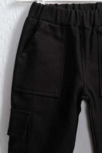 Montisu Children's Black Cargo Pants – 100% Cotton, Comfortable Elastic Waist, Boys & Girls Pants with Pockets
