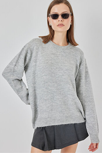 Bigdart 15895 Oversize Knitwear Sweater with Diamond Pattern - Plain Gray