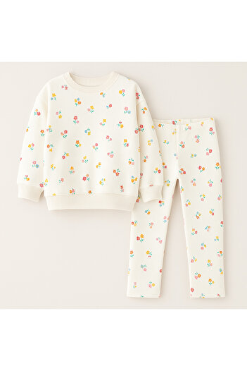 Lolliboomkids Girl's Floral - Leopard Detailed 3 Thread Bottom Top Set Sweatshirt + Leggings