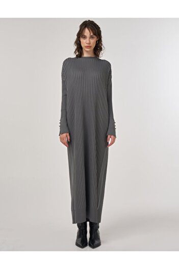 Kayra Ribbed Crew Neck Knitwear Maxi Dress Gray